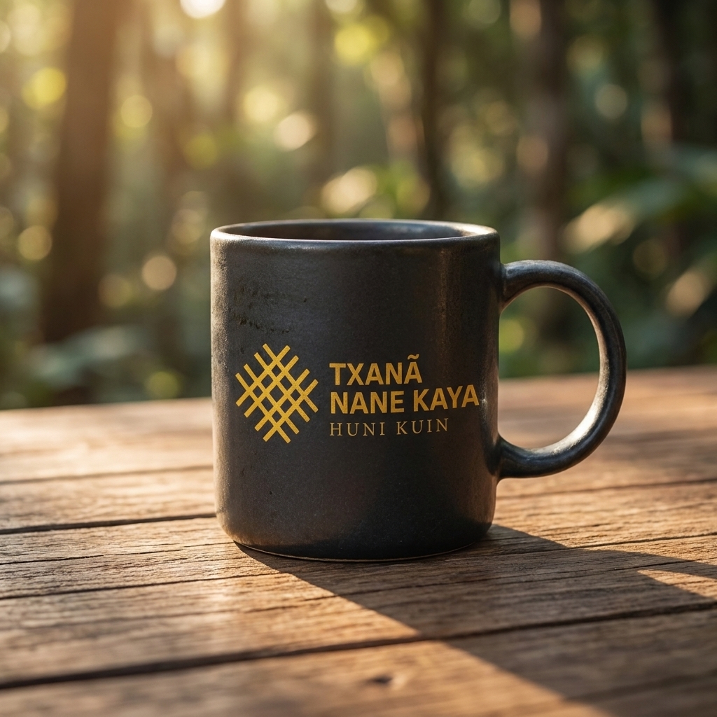 Caneca preta com logo dourado